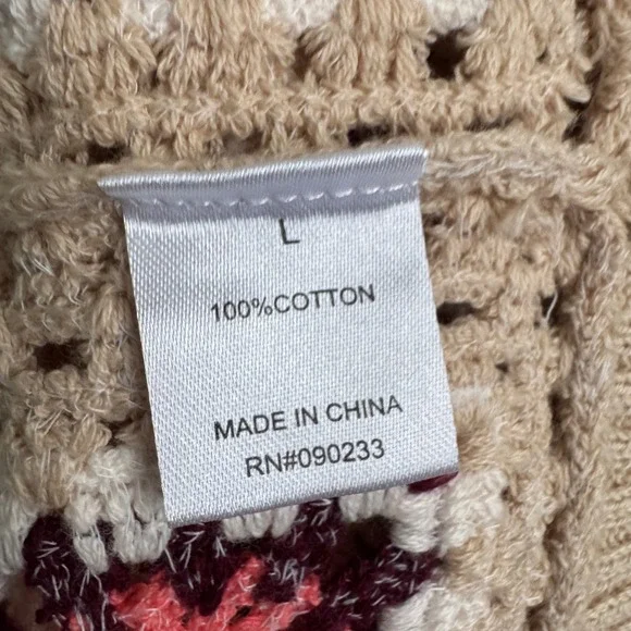 PacSun Womens Large Crochet Granny Square Cardigan Pink Tan Cotton Knit Sweater - Picture 3 of 13